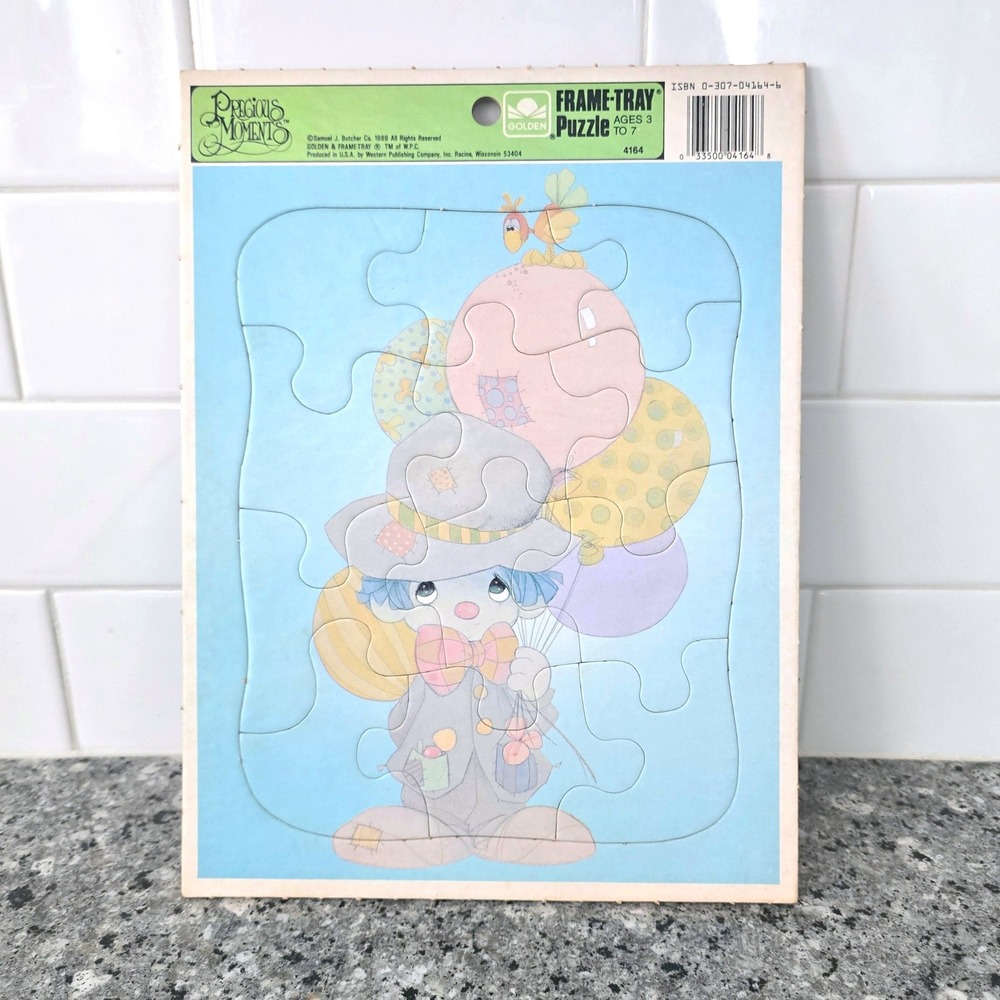 Precious Moments Golden Frame-Tray Puzzle Kids 1989 Blue Clown Balloons 4164